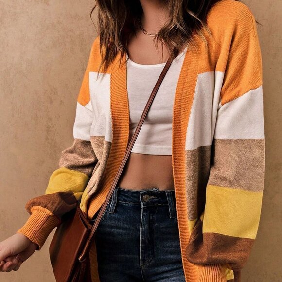 Boho Color Block Drop Shoulder Open Front Cardigan - Picture 4 of 5